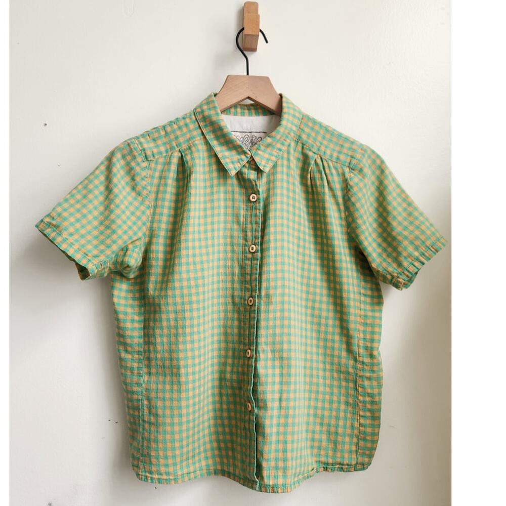 Ace & Jig Gingham Short Sleeve Button Up Shirt XS Green Cream Cotton Top Boho